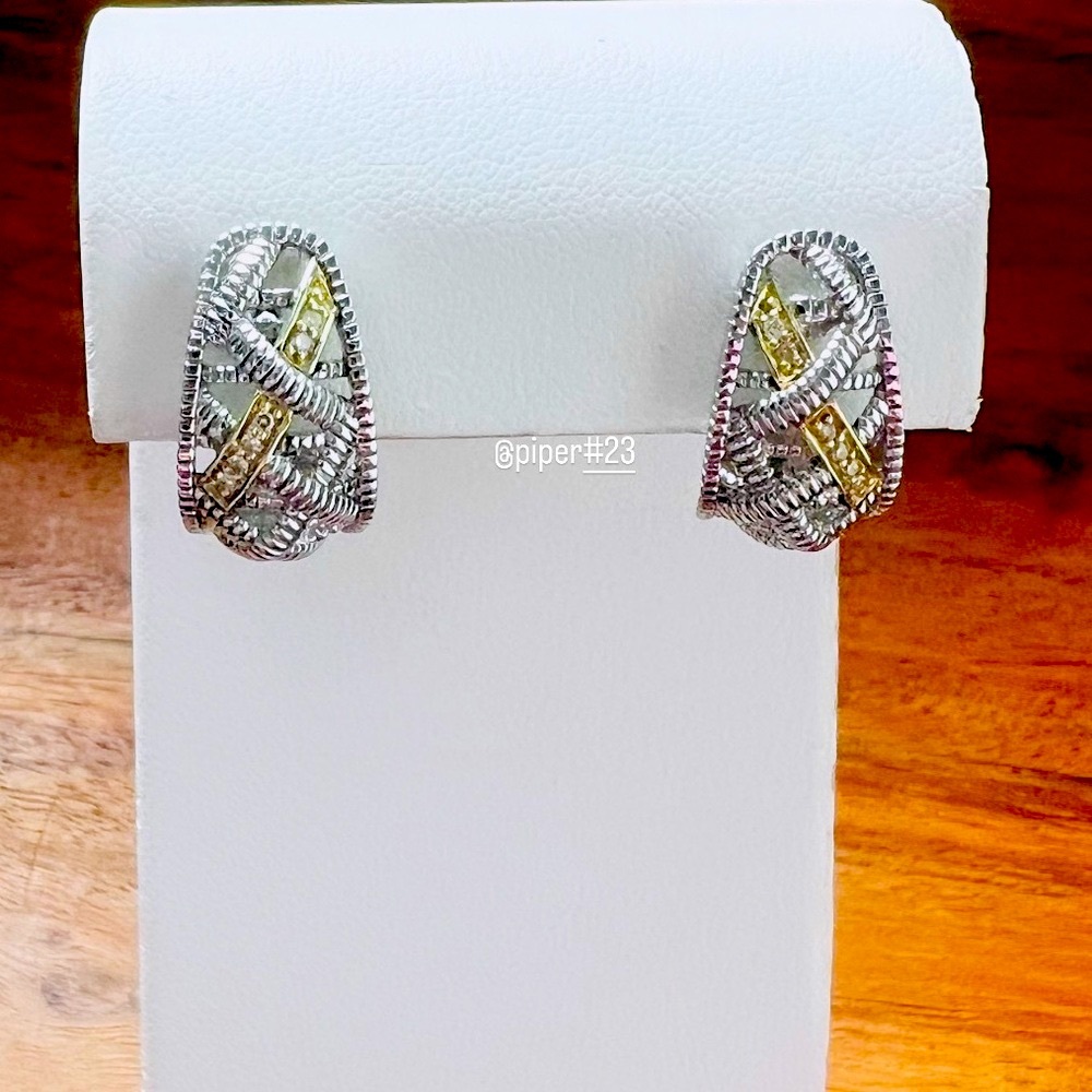 Judith Ripka JR TWO Diamond Estate Basketweave J Hoop Earrings